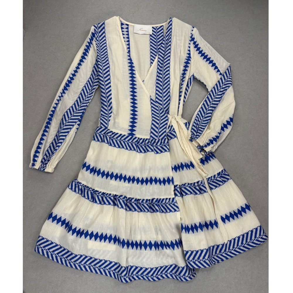 Women's XS Kasia Resort Xryso Wrap Dress blue‎ white 100% cotton Greece boho